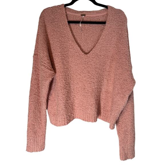 Free People Finders Keepers V Neck Boucle Sweater Blush Pink Medium Cozy Warm - Picture 4 of 9
